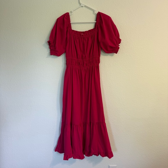 Indigo Rose Hot Pink Milkmaid Smocked Tiered Midi Dress - Picture 2 of 7